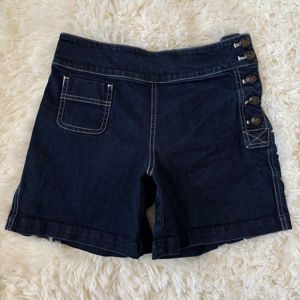 Sailor Style Dark Wash Denim Shorts with Side Buttons and Contrast Stitching
